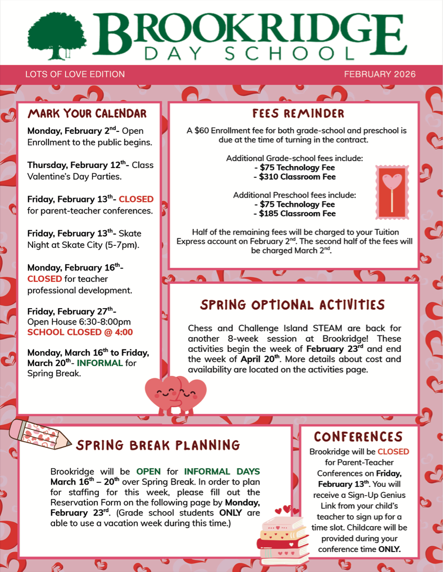 The front page of a brookridge day school newsletter.