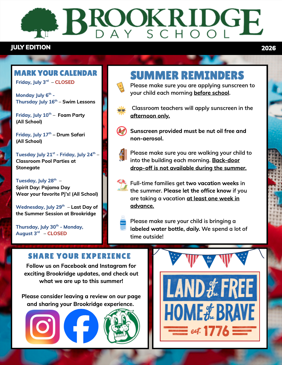 The front page of a brookridge day school newsletter.