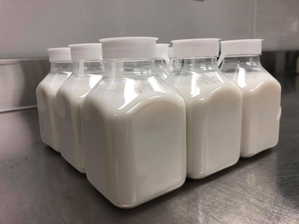 Six clear square plastic bottles filled with white milk, arranged on a metallic surface.