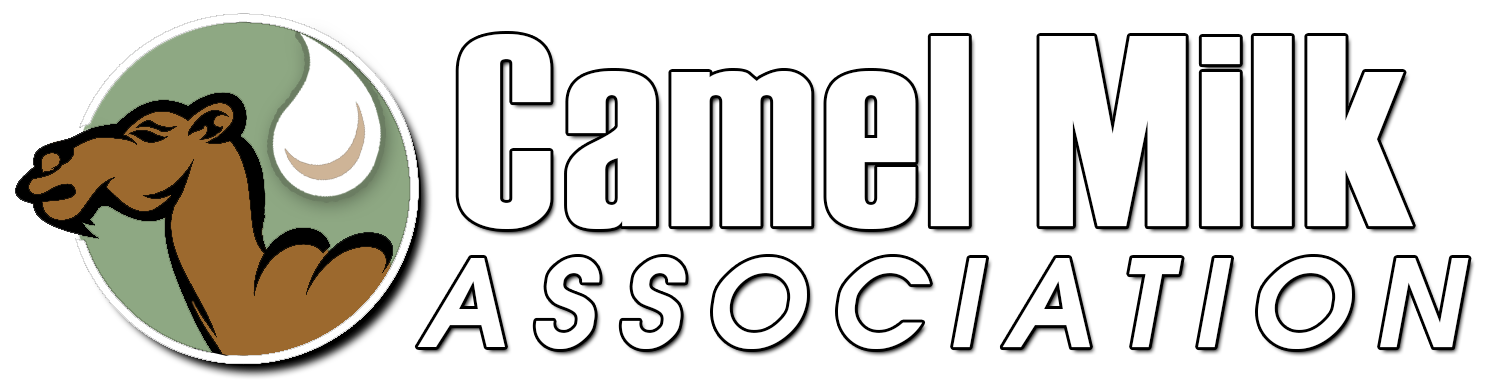 Logo for the Camel Milk Association featuring a brown camel profile in a green circle next to a white milk drop icon.