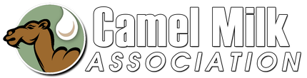 Logo for the Camel Milk Association featuring a brown camel profile in a green circle next to a white milk drop icon.