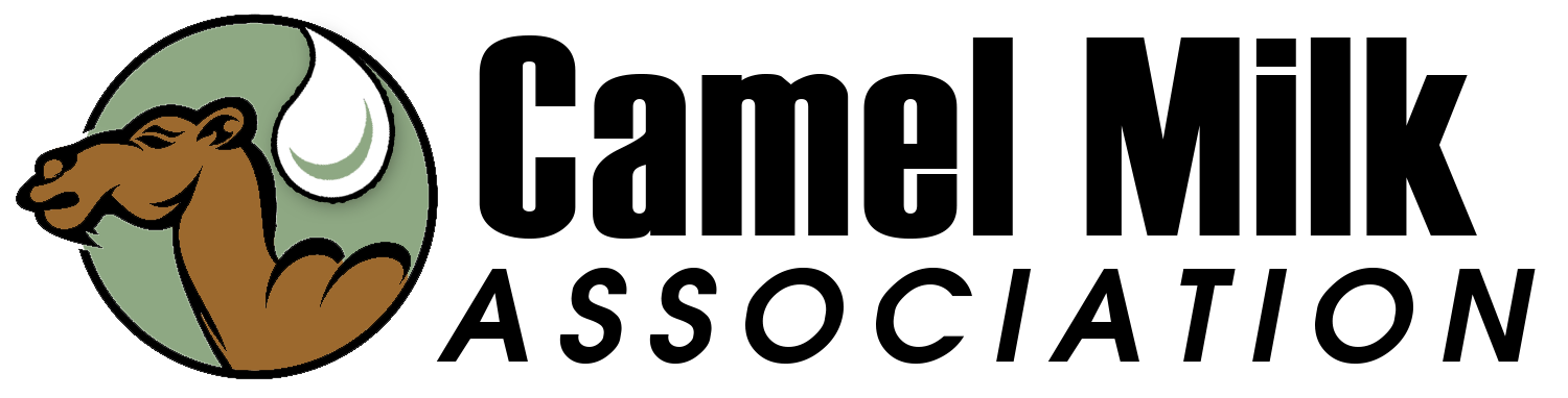 Logo for the Camel Milk Association featuring a stylized brown camel head and a milk drop on a circular green background.