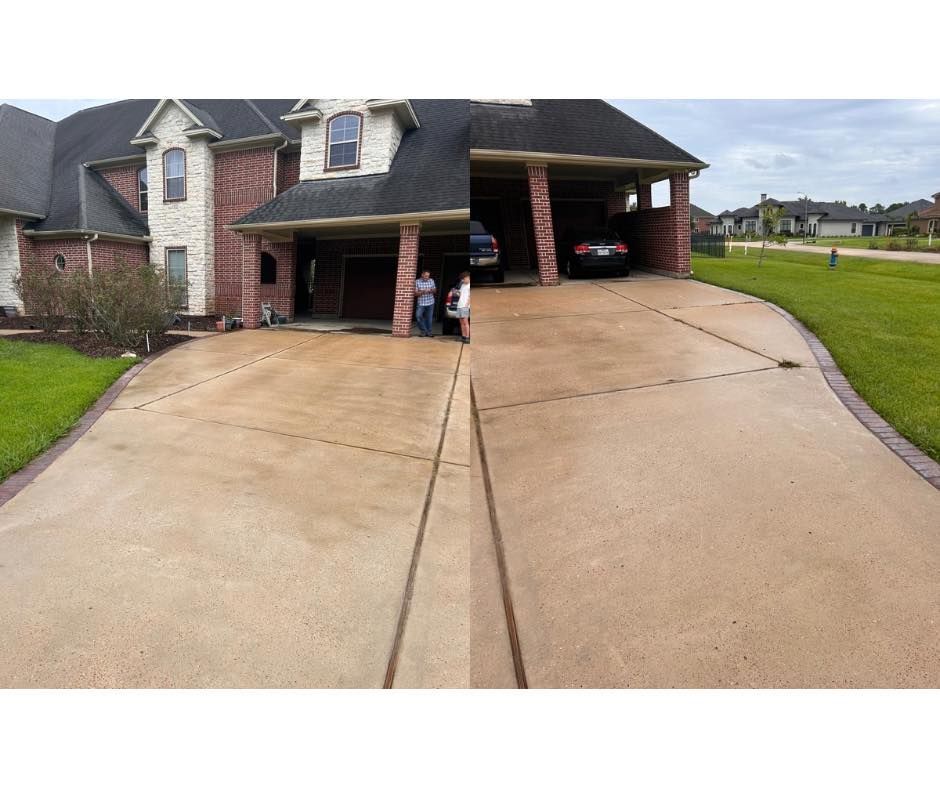 A before and after picture of a driveway in front of a house.