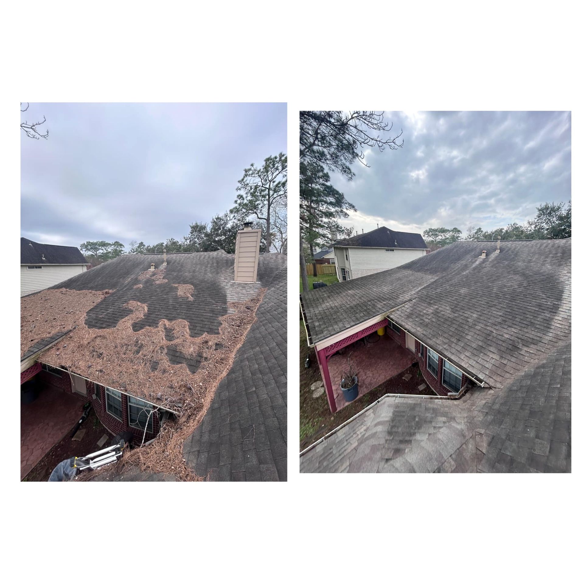 A before and after picture of a roof with a chimney.