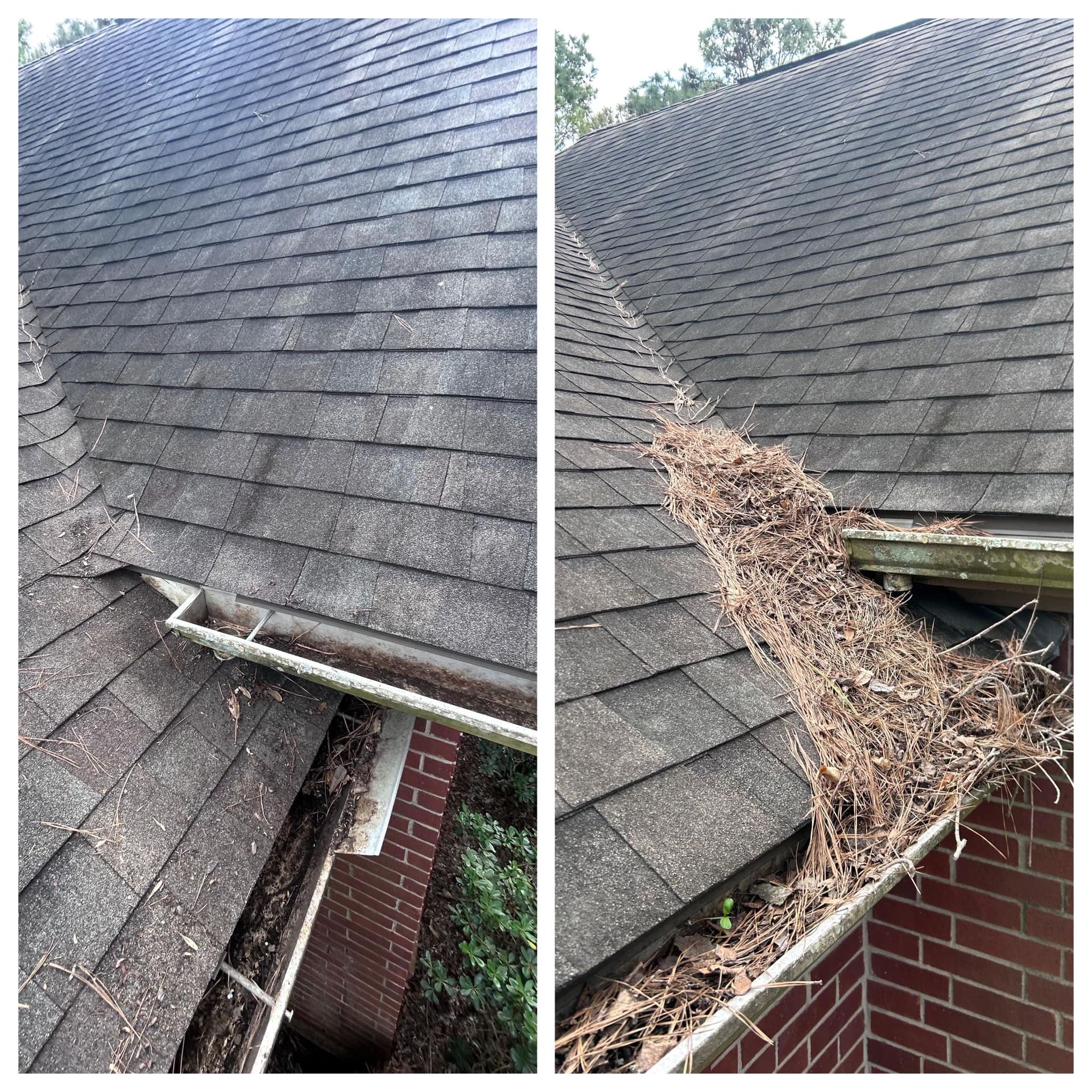 A before and after picture of a roof with a gutter filled with leaves.