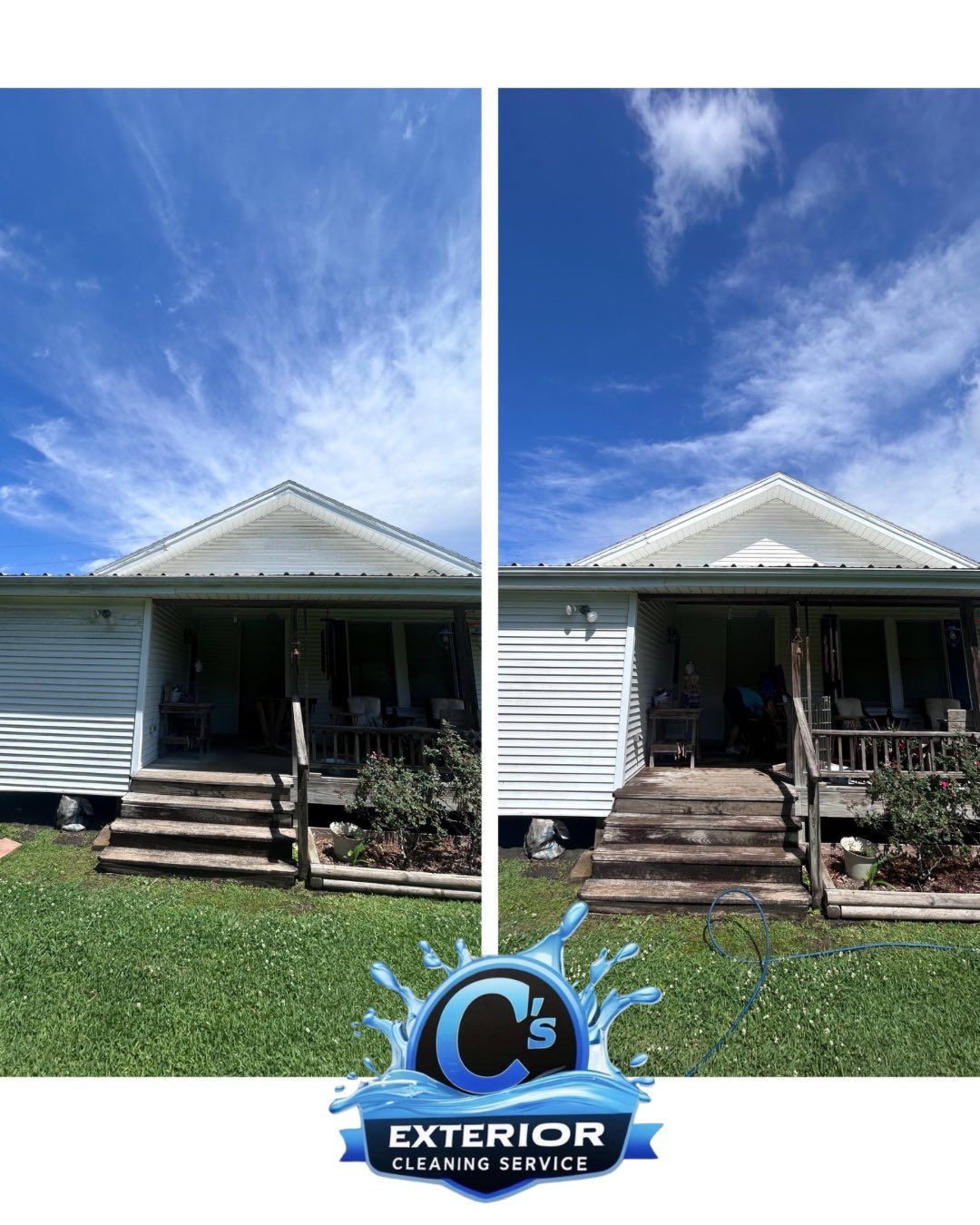 A before and after picture of a house that has been cleaned by c 's exterior cleaning service.