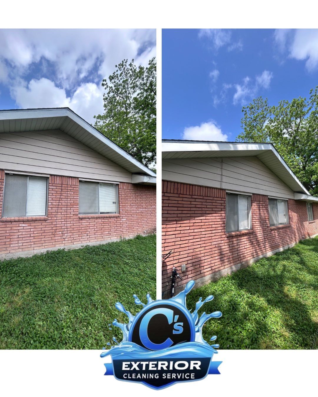 A before and after picture of a brick house being cleaned by exterior cleaning service.