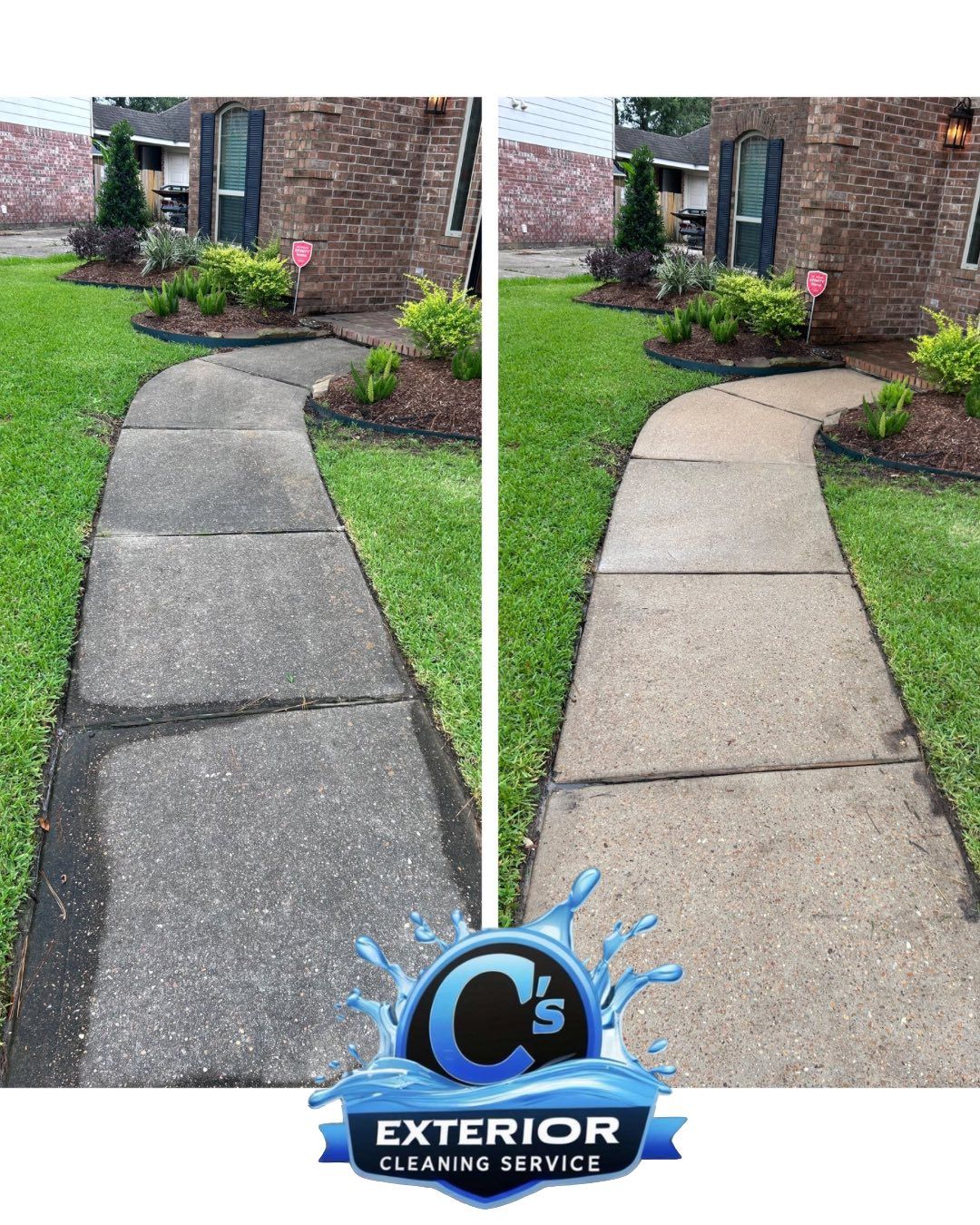 A before and after picture of a concrete walkway being cleaned by exterior cleaning service.