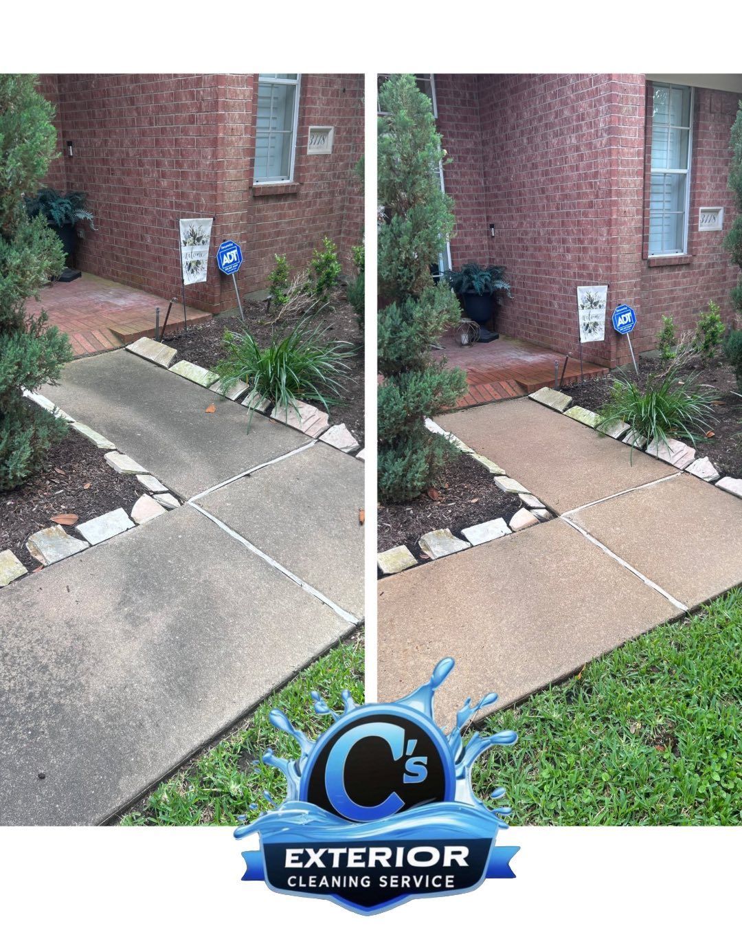 A before and after picture of a concrete walkway being cleaned by exterior cleaning service.