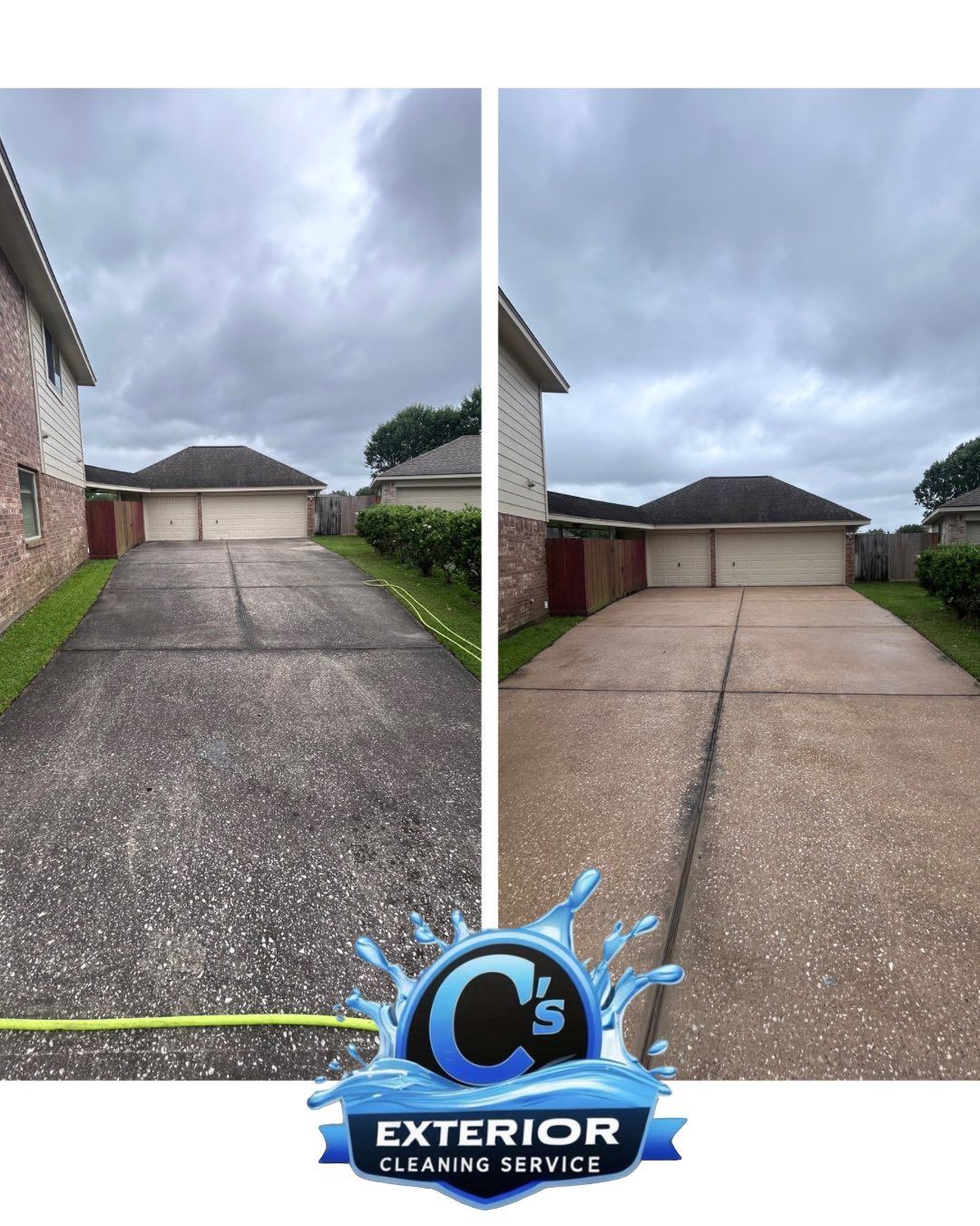 A before and after photo of a driveway being cleaned by exterior cleaning service