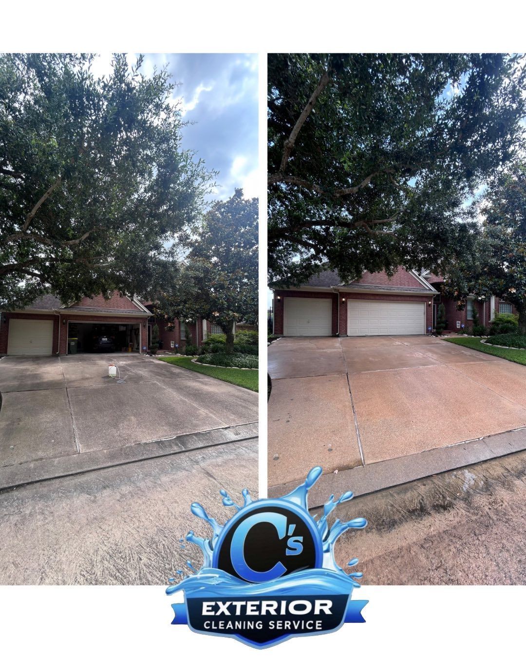 A before and after picture of a driveway being cleaned by exterior cleaning service.