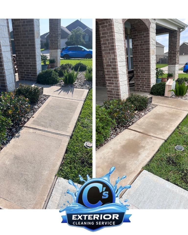 A before and after photo of a concrete walkway in front of a house.