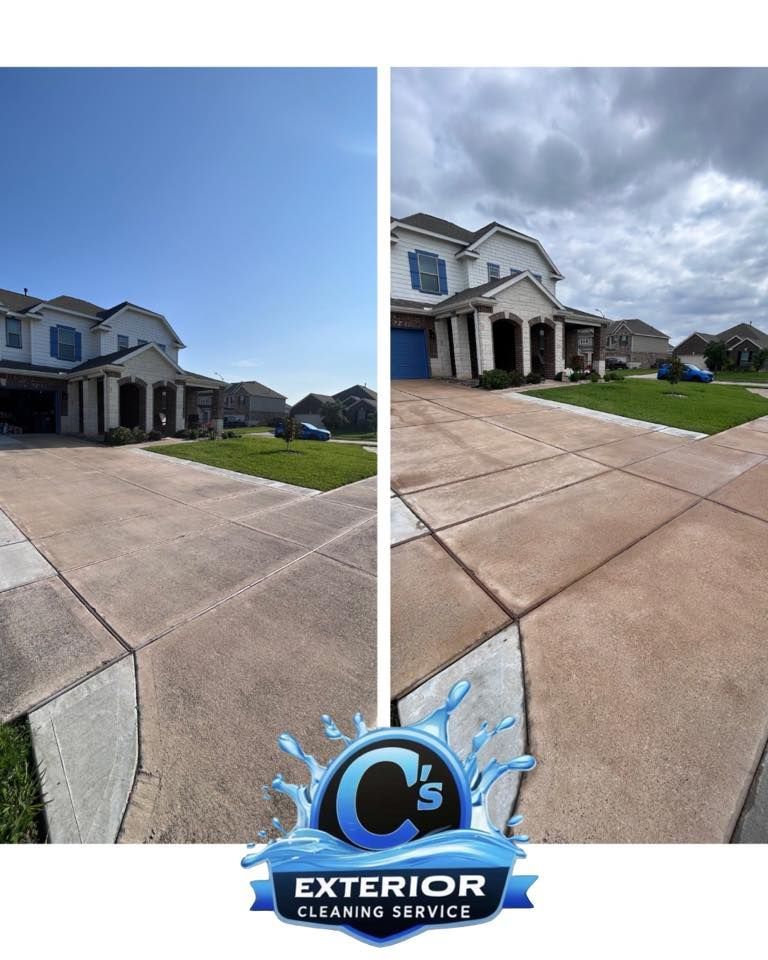 A before and after photo of a driveway being cleaned by exterior cleaning service.