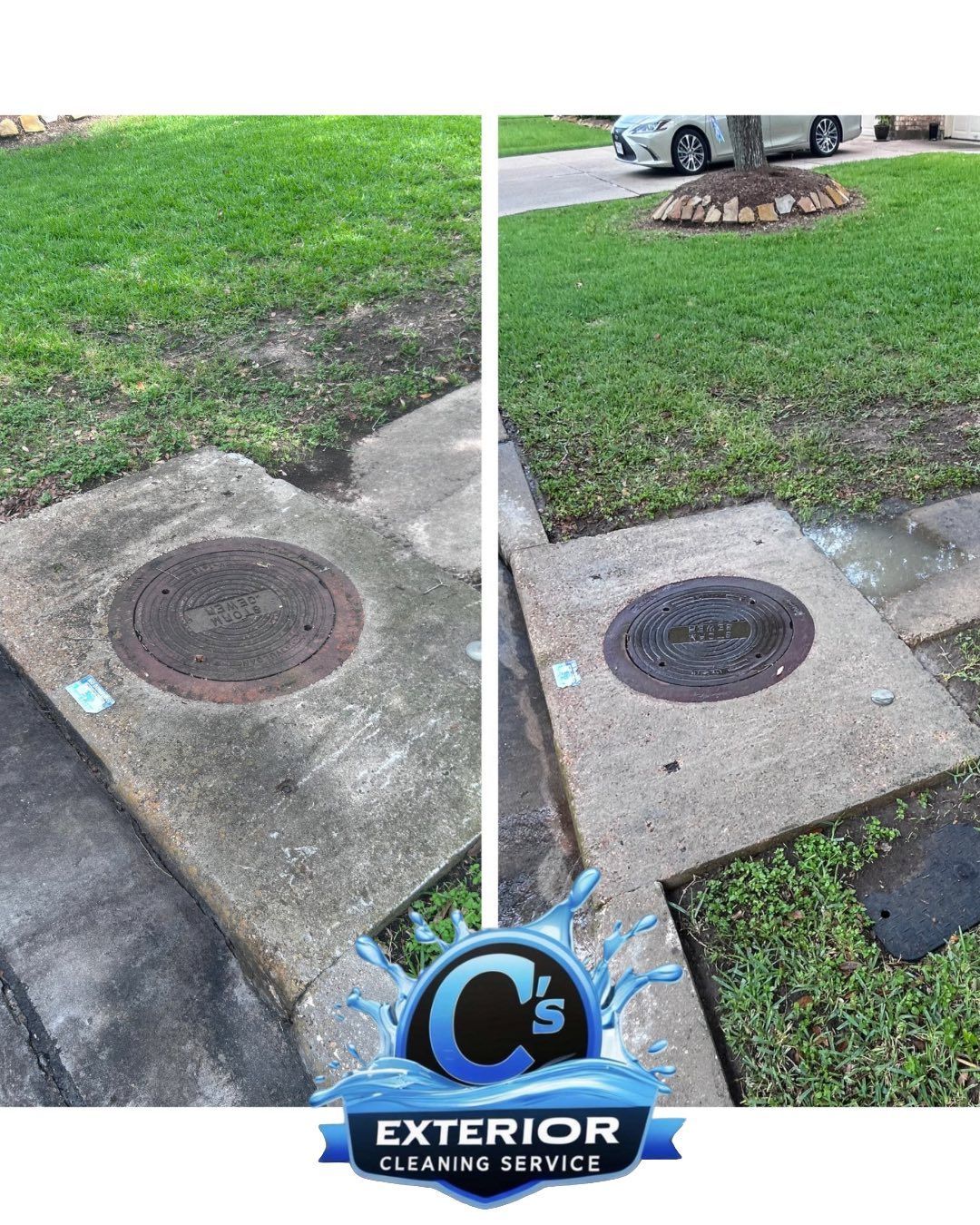 A before and after photo of a sidewalk with a manhole cover on it.