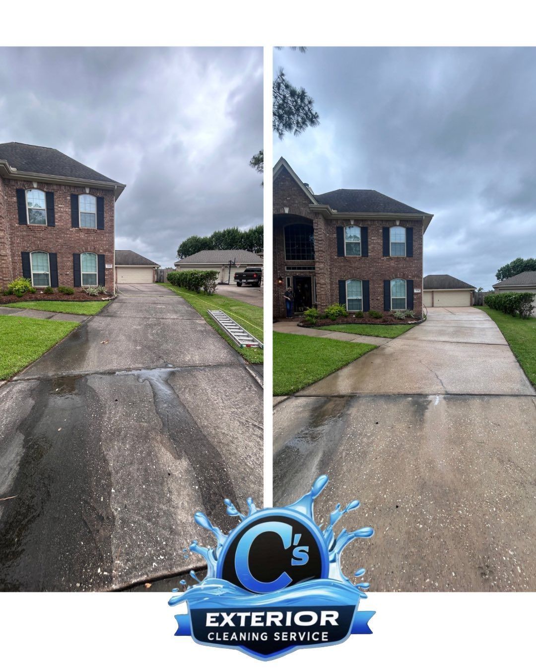 A before and after picture of a driveway being cleaned by exterior cleaning service.
