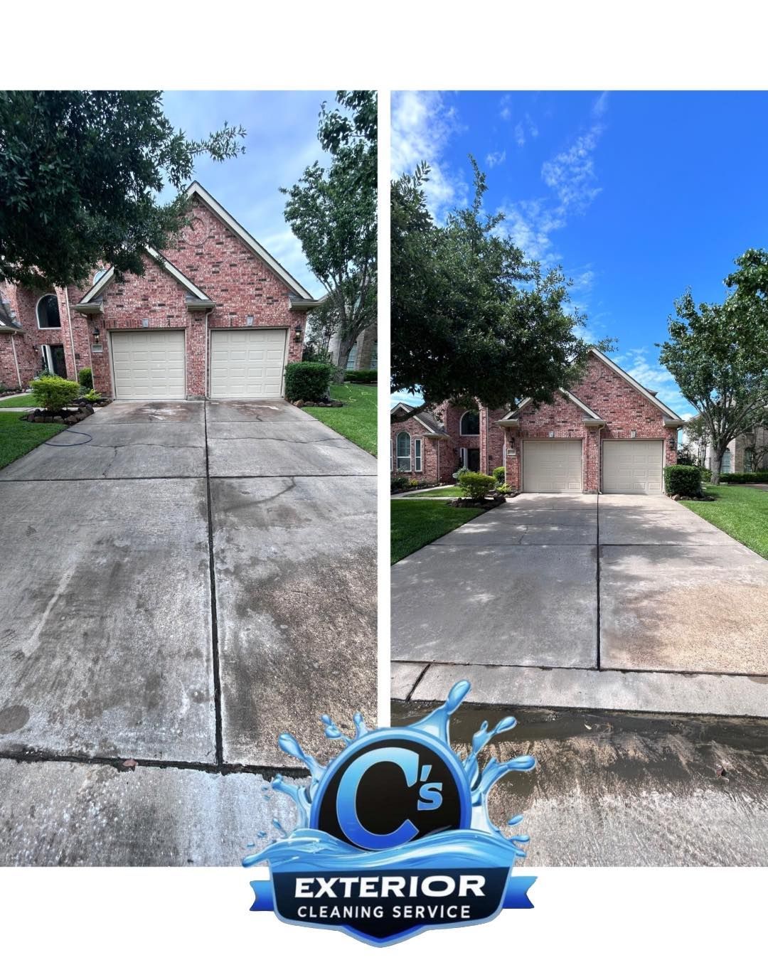 A before and after picture of a driveway cleaning service