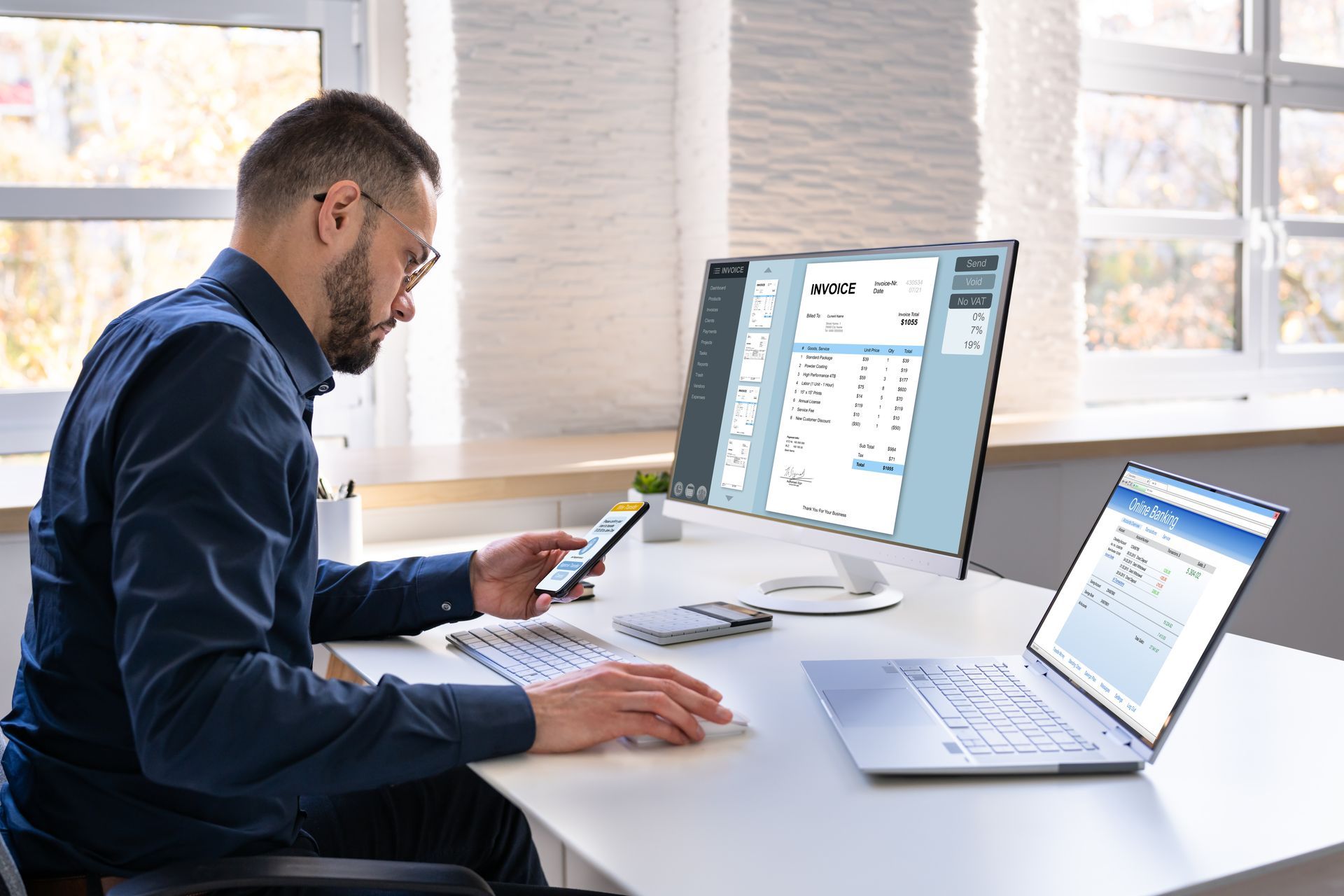 A businessman is looking at an invoice while performing factoring and managing business finances.