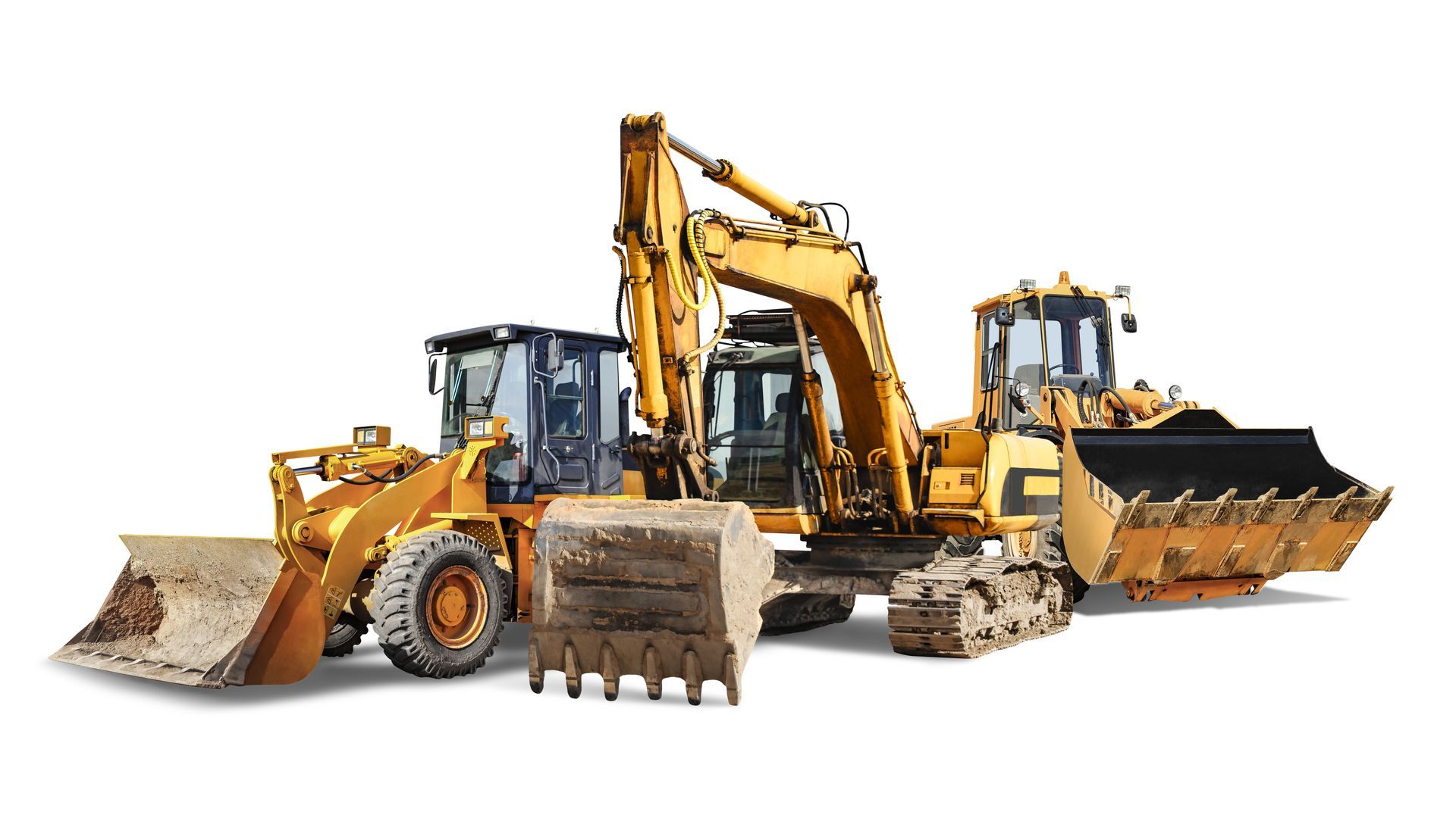 Construction equipment, including an excavator, bulldozer, and wheel loader, on a white background.
