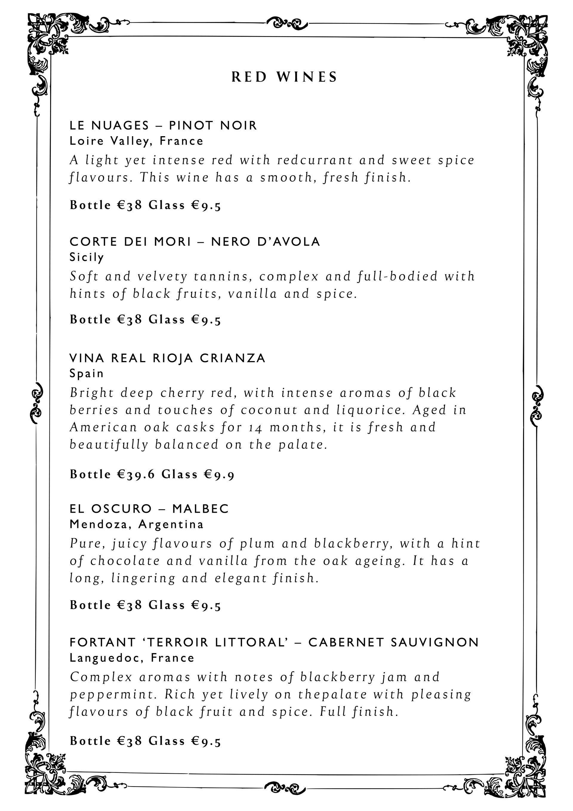 The Oarsman Ringsend, Dublin, Drinks Menu, Wine List