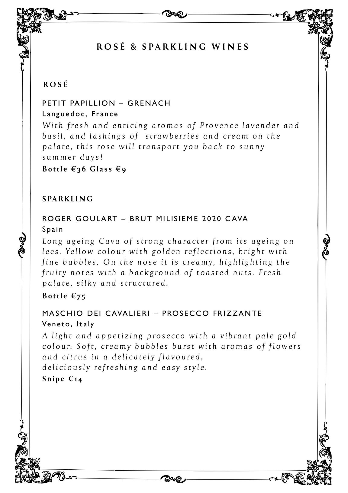 The Oarsman Ringsend, Dublin, Drinks Menu, Wine List