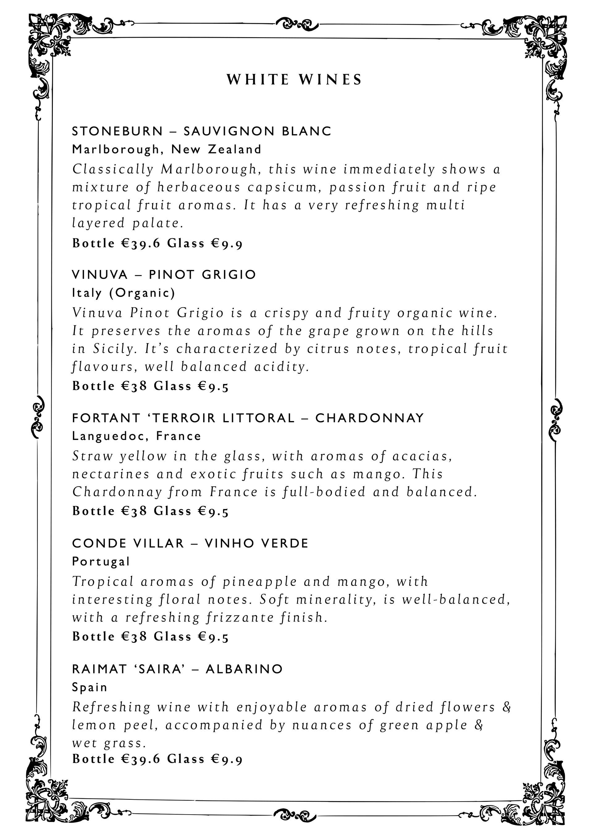 The Oarsman Ringsend, Dublin, Drinks Menu, Wine List