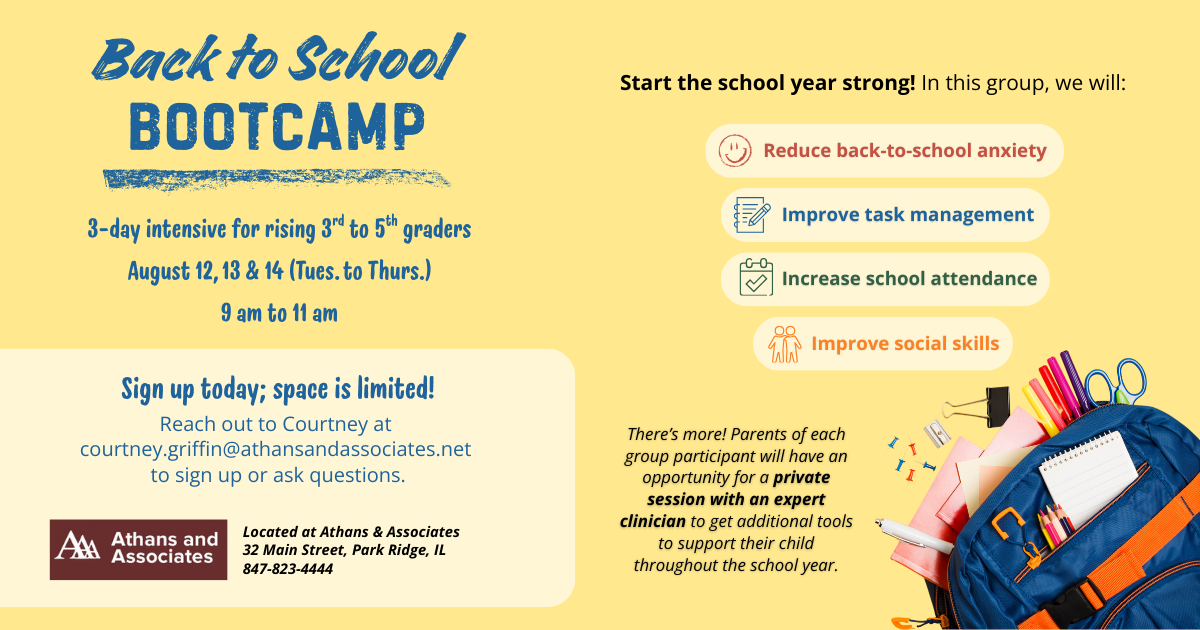 Back to School Bootcamp mental health group for third fourth and fifth graders. Helps to reduce separation anxiety and improve social skills.