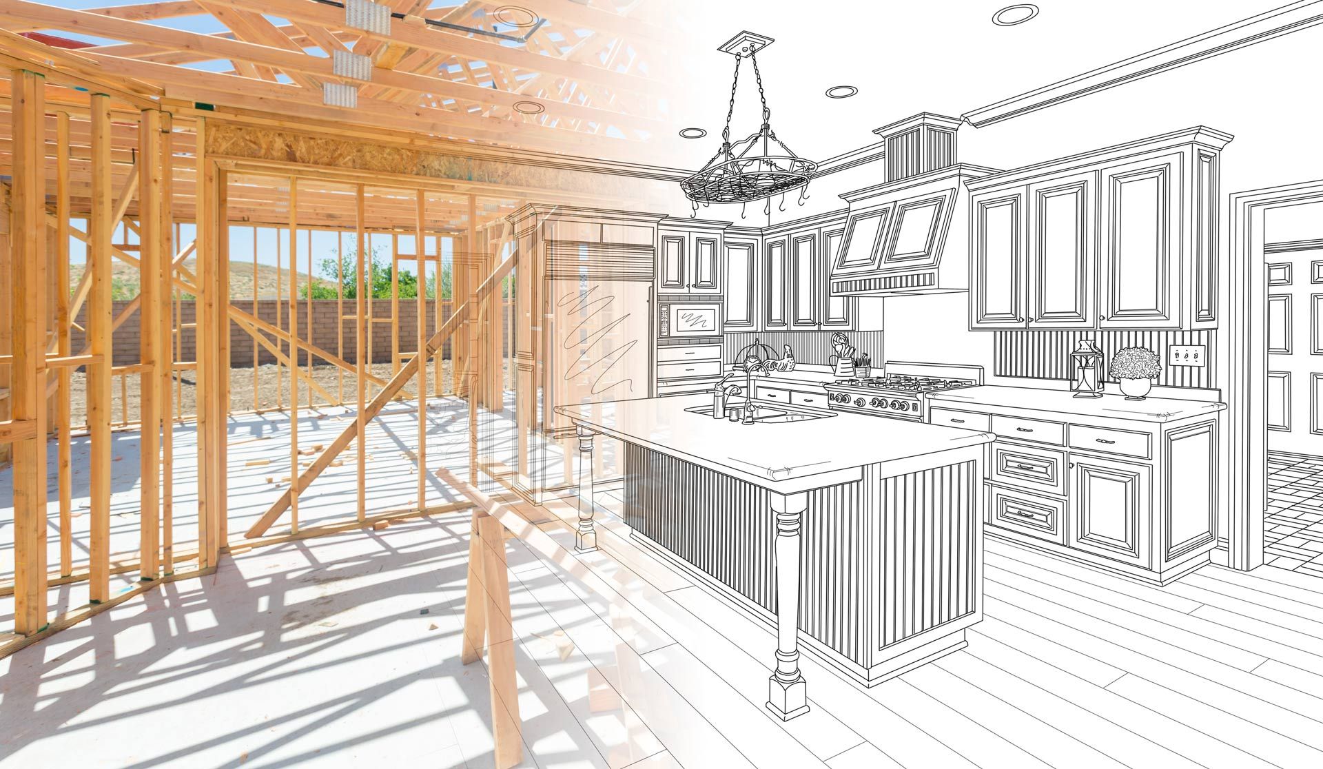 A black and white drawing of a kitchen under construction