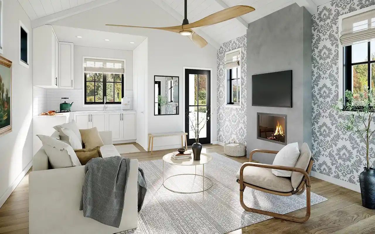 A living room with a fireplace and a ceiling fan.