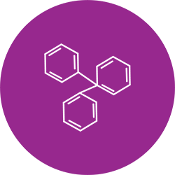 White chemical structure of three connected benzene rings on a purple circle.