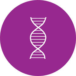 White DNA double helix on a purple circle.