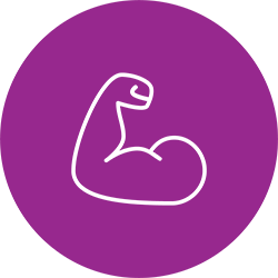 White outline of a flexing arm against a purple circle.