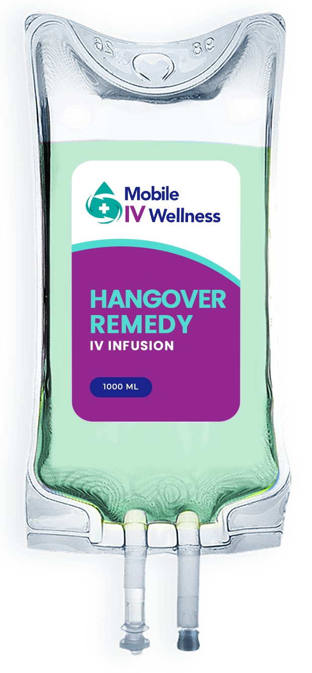 IV bag for hangover remedy with purple label, text