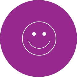 Smiling face with white outline on a purple circle.