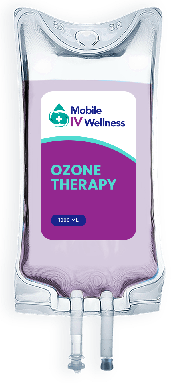 IV bag for ozone therapy, featuring Mobile IV Wellness branding and a purple label.