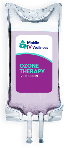 IV bag for ozone therapy, featuring Mobile IV Wellness branding and a purple label.