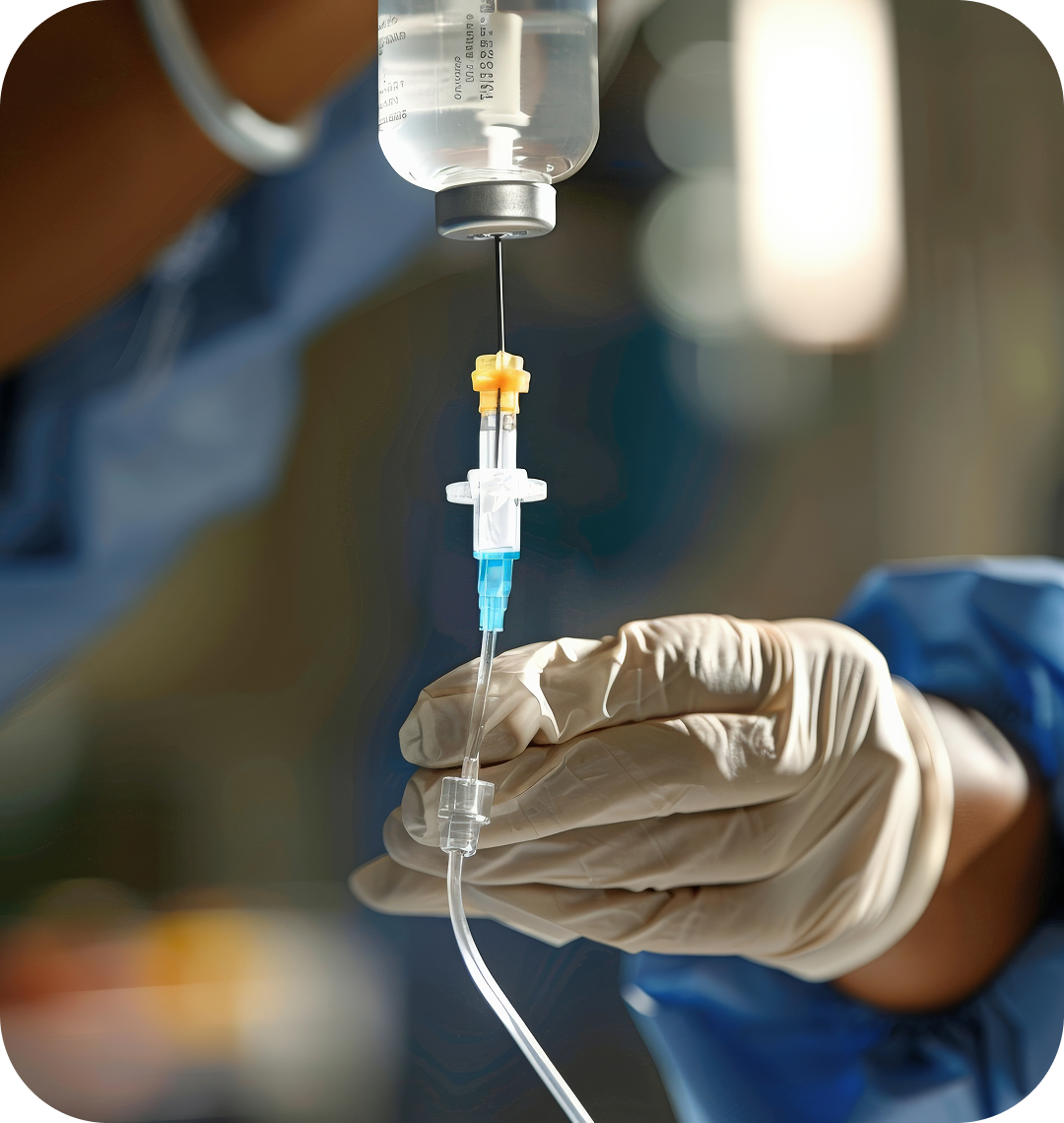 Person in medical gloves preparing an intravenous (IV) line with a needle and medication vial.