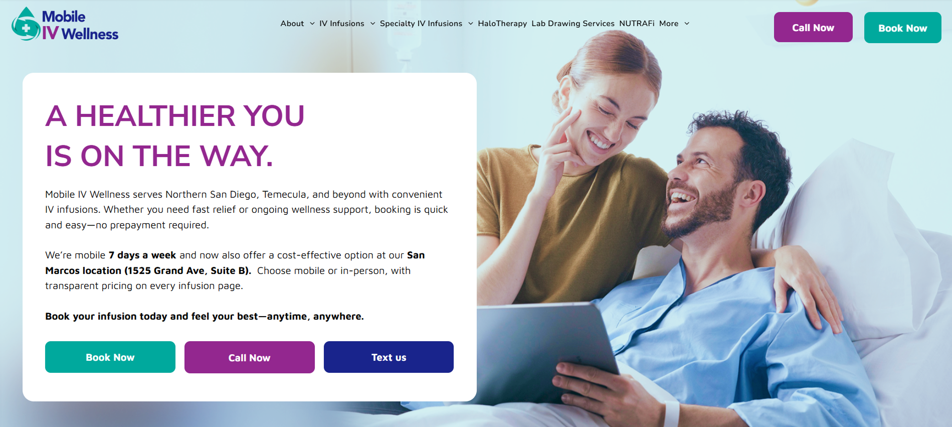 Woman smiles at man holding a tablet, a medical setting. Text reads 