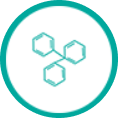Three hexagons connected in a teal circle.