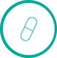 Pill icon within a turquoise circle, representing medication or healthcare.