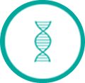 DNA double helix symbol within a turquoise circle.
