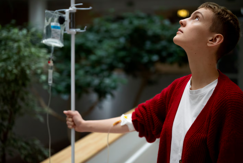 Young person with IV drip, looking up, wearing red sweater in a building with greenery.