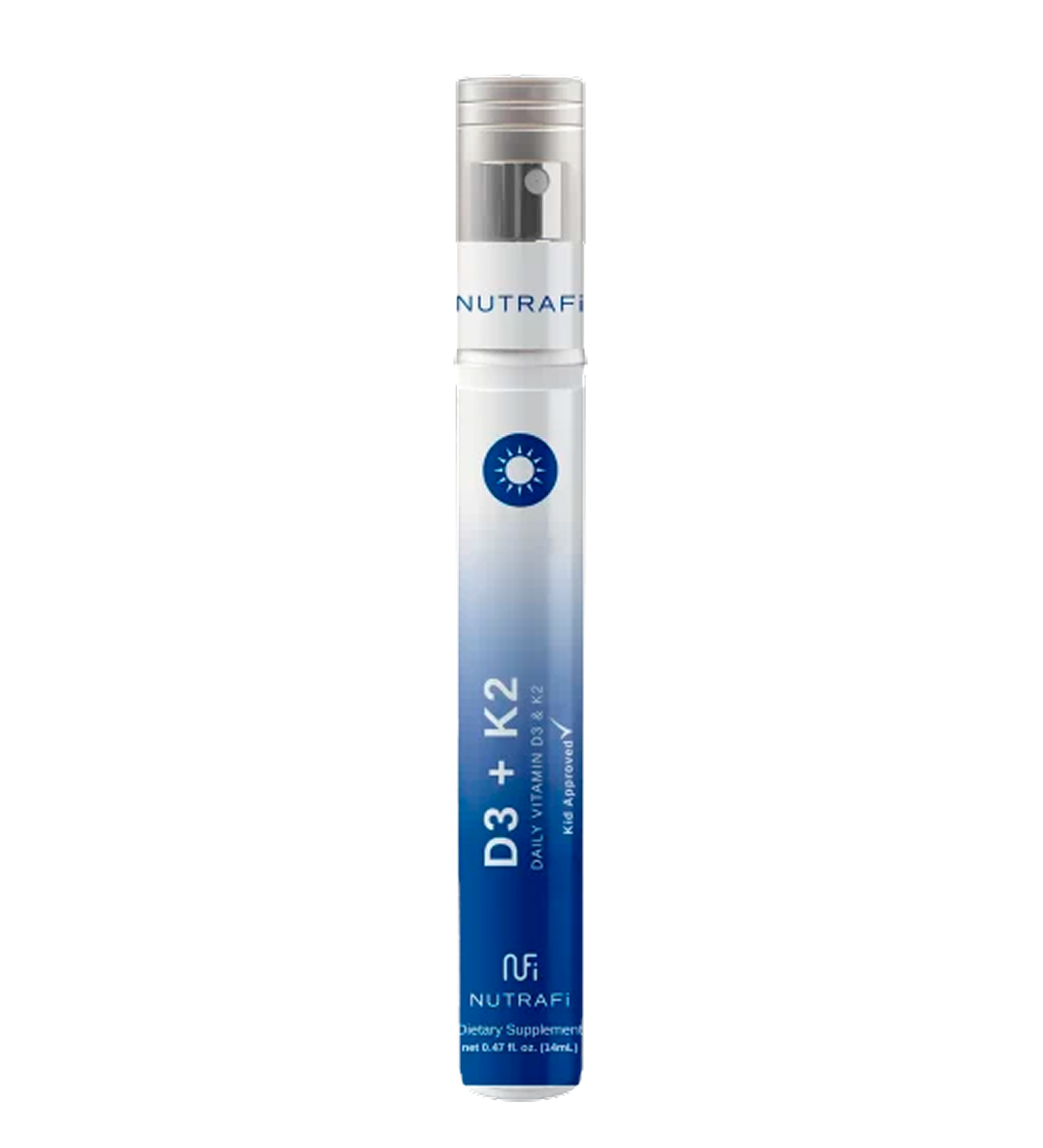 White and blue Nutravita D3 + K2 vitamin spray bottle.
