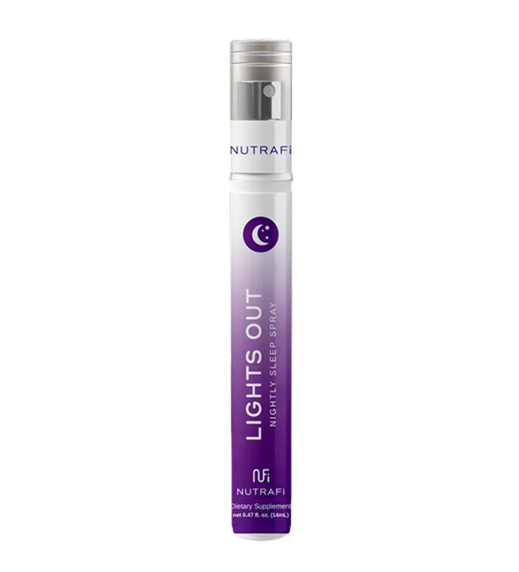 Nutrafifi Lights Out sleep spray bottle with purple gradient, white cap, and moon logo.