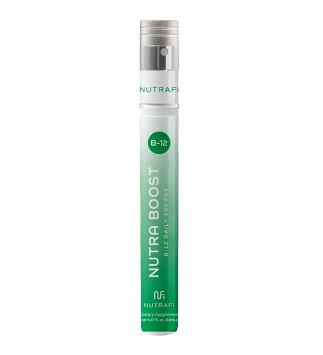 Nutra Boost B-12 Daily Energy supplement in a white and green spray bottle.