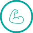 Flexed bicep icon within a teal circle, representing strength or fitness.