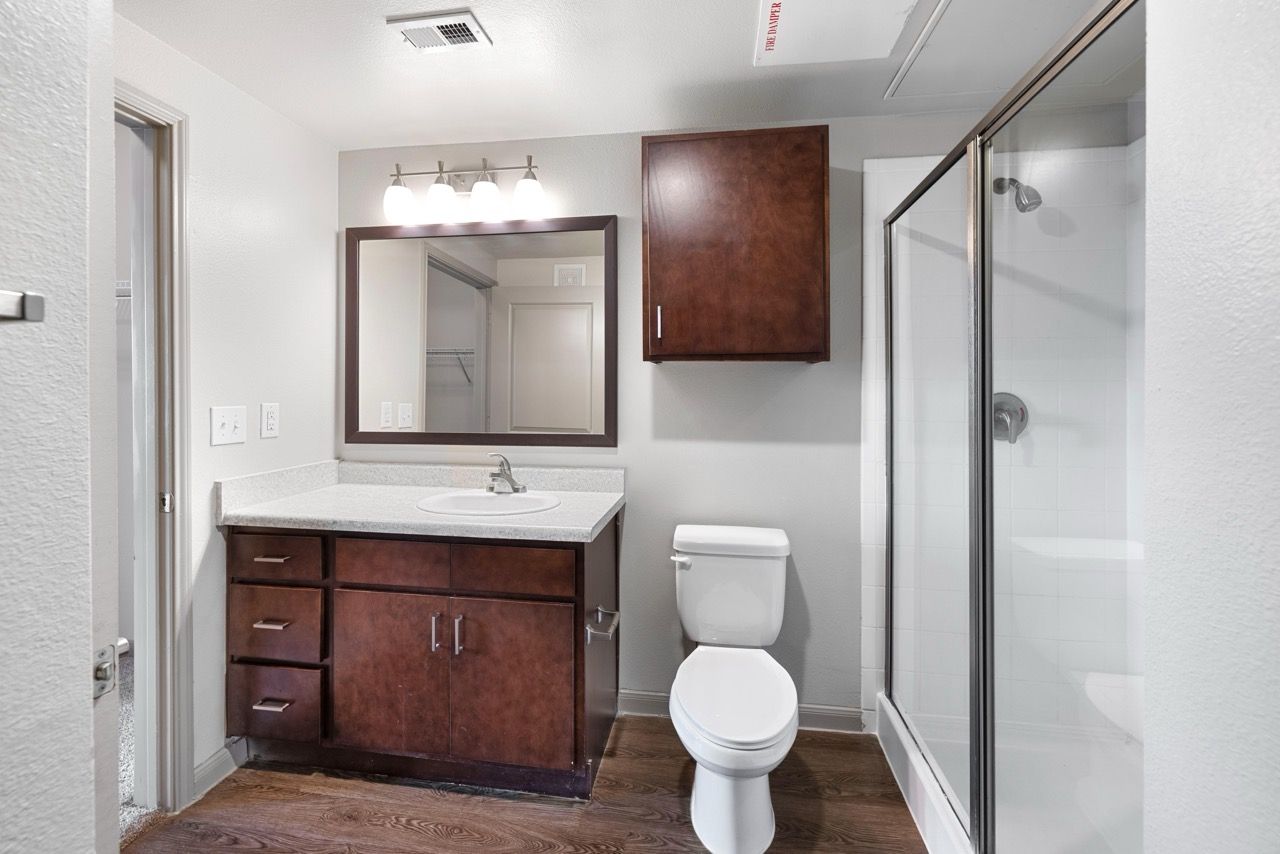 Bathroom with a vanity, mirror, dark wood cabinets, toilet, and a glass shower.