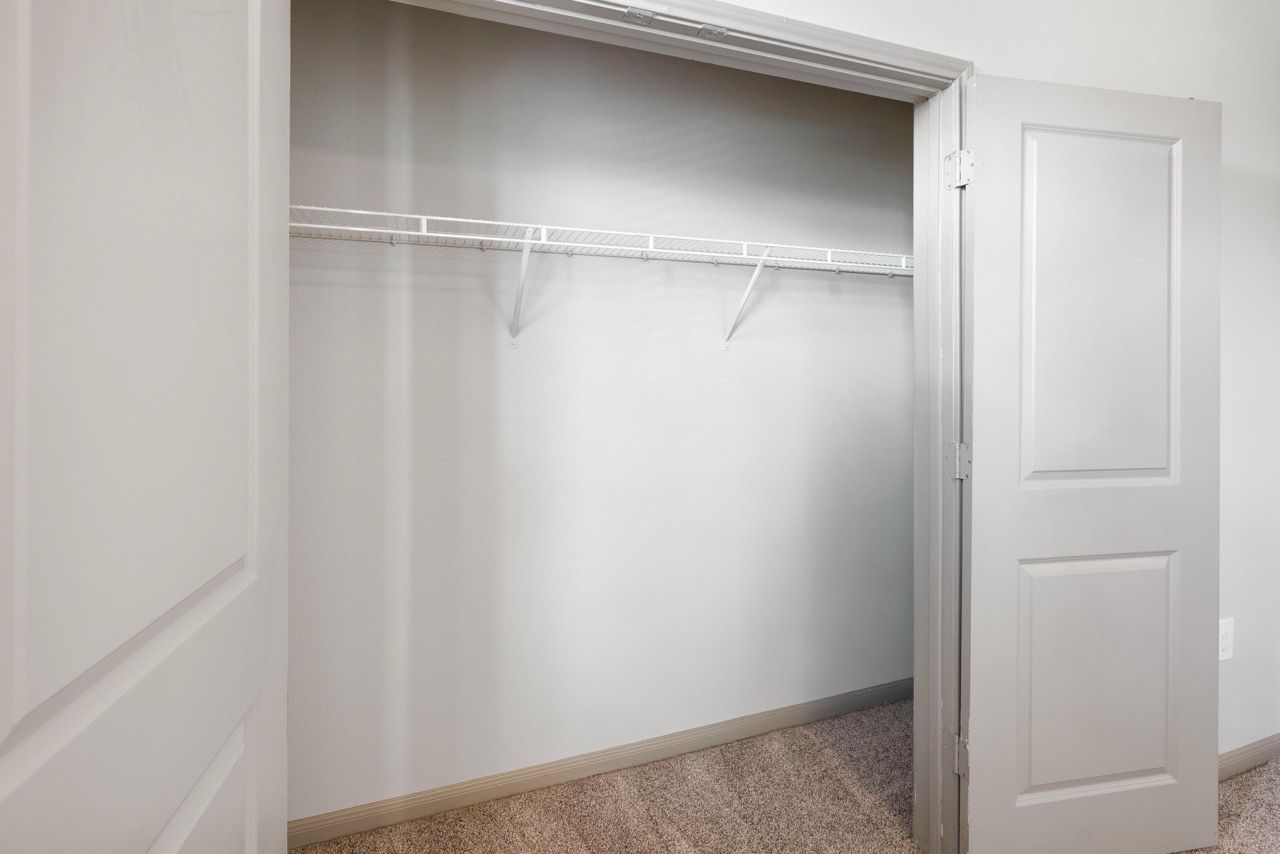 Open closet with white walls, a wire shelf, and beige carpet.