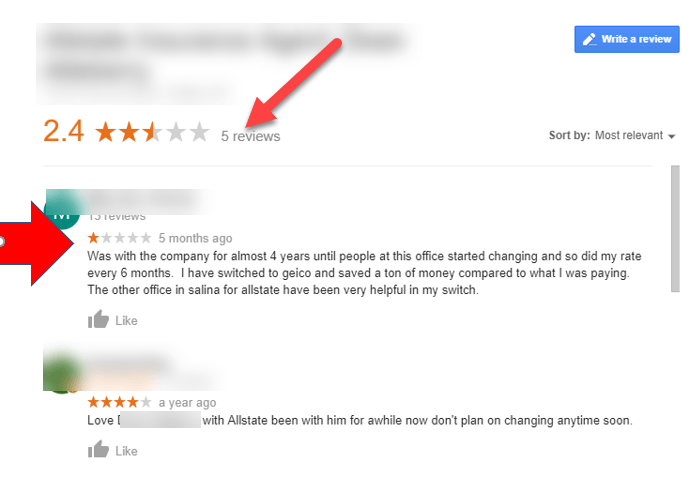image of star rating with bad review example