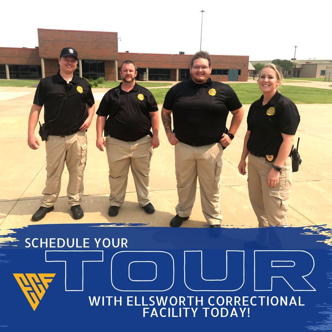 A group of people are standing in front of a sign that says schedule your tour with ellsworth correctional facility today