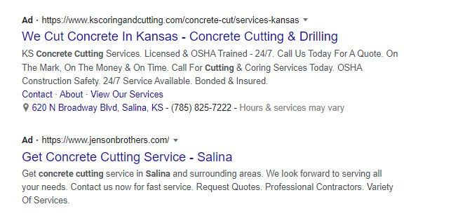 A google search for concrete cutting services in kansas
